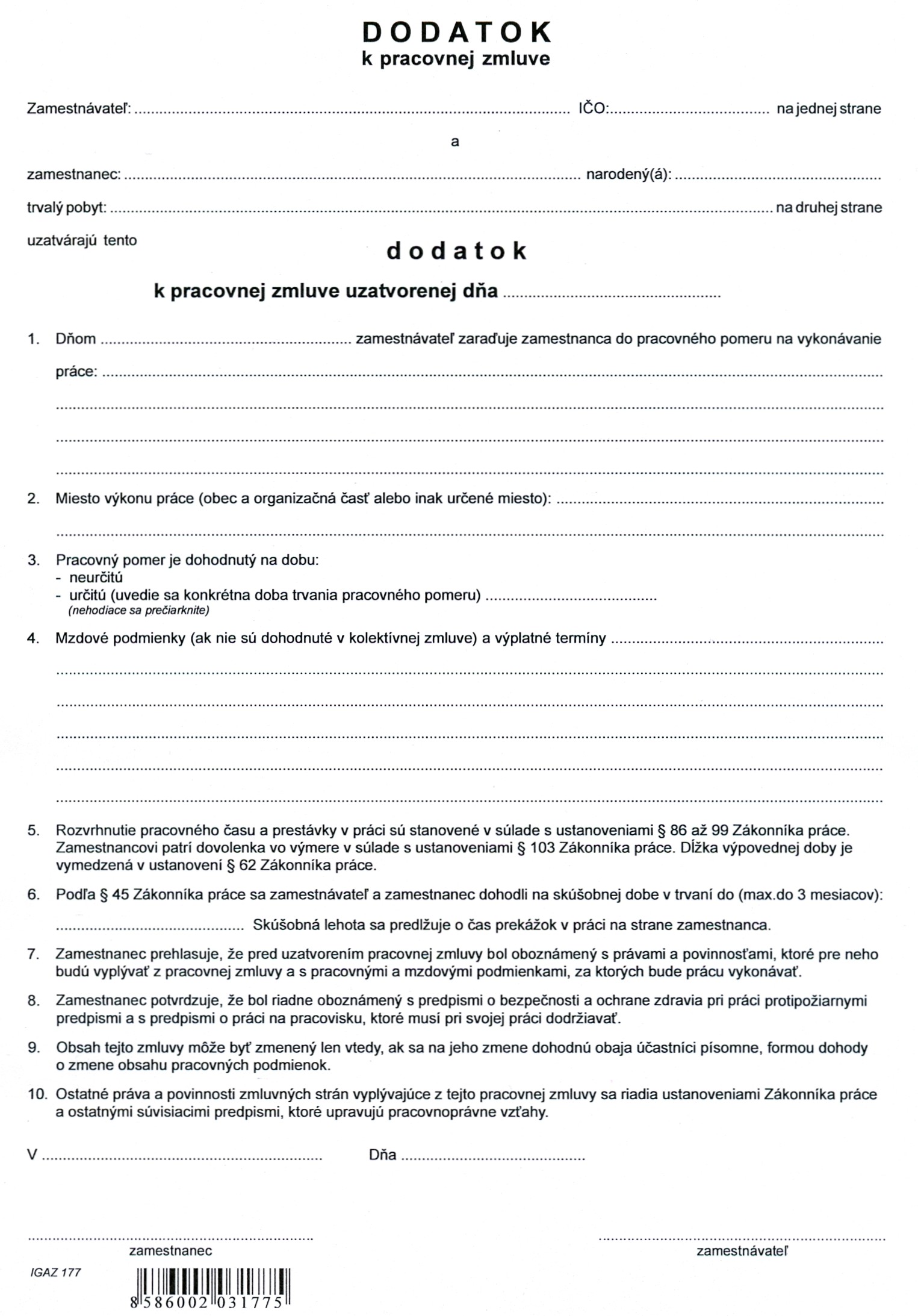 Dodatok k pracovnej zmluve A4 