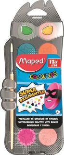 Vodové farby, 12 farieb, priemer farebných kruhov: 30 mm + darček: štetec, MAPED